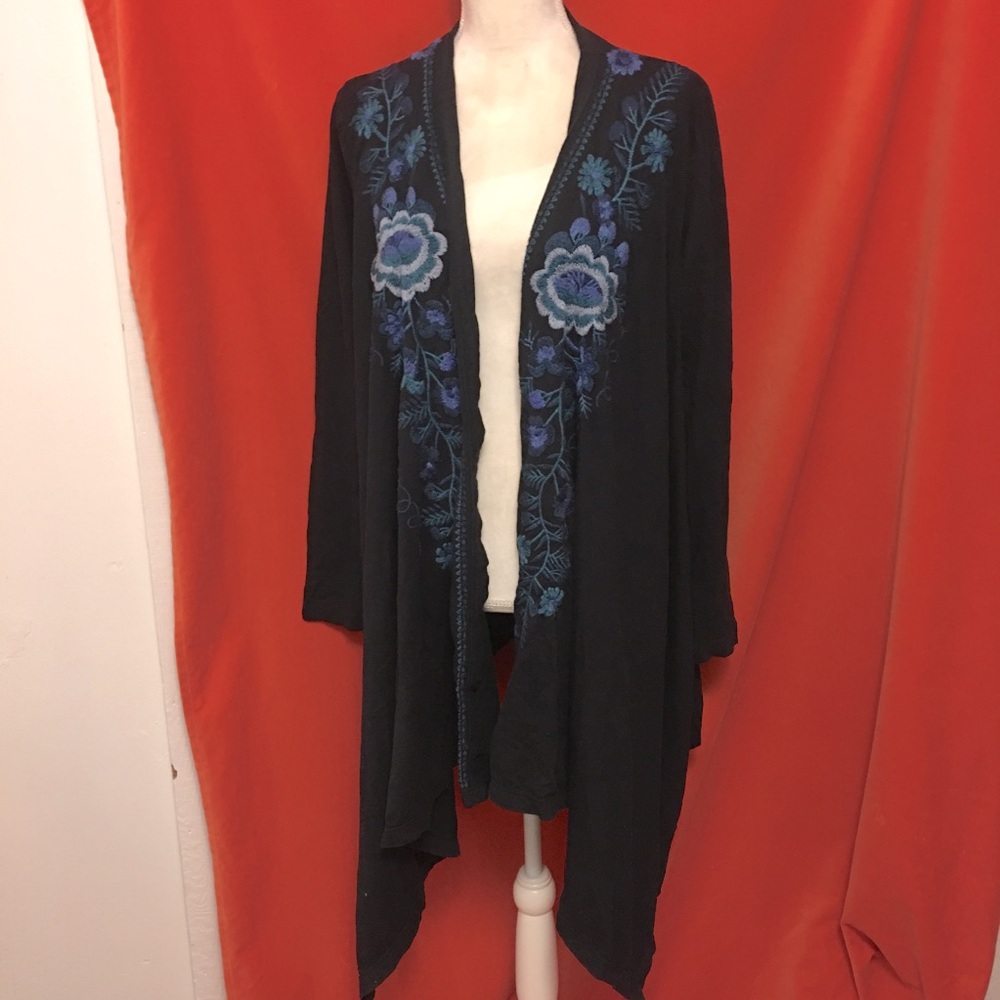 Johnny Was JWLA open front embroidered jacket cotton black size m